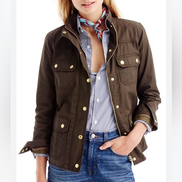 J. Crew Field Waxed Dark Green Brown Gold Button Utility Jacket Size Small Coat
